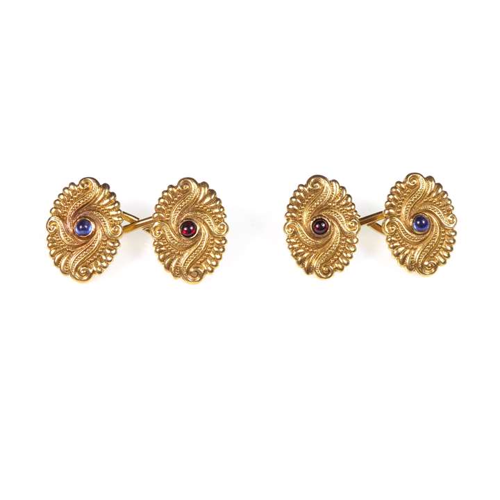 Pair of Art Nouveau 18ct gold and sapphire oval cufflinks